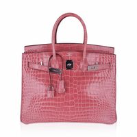 Hermes Birkin 35 bag in uber rare Rose Indien Porosus Crocodile.This rare and exquisite soft dusty pink with subtle blue undertone crocodile Birkin is a collectors find as the colour has been retired and is not produced.Palladium hardware is the perfect accent.Porosus crocodile skin has the smallest of the scales and is the most exclusive.Carried one time only. Plastic on the hardware.There are few very minor, very small marks on the bag.Comes with lock, keys, clochette, sleepers, raincoat and signature Hermes box. Mightychic offers a seamless experience for Hermes Birkin online shopping and your Hermes purchase.final sale BAG MEASURES:LENGTH 35 cm / 14"TALL 28 cm / 11"DEEP 18 cm / 7" HANDLES:TALL 5" CONDITION: Very LIKE NEW TIDS 'n BITSThe most perfect Hermes crocodile skin is used for li