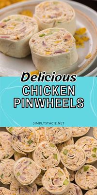 Chicken Pinwheels - A quick and simple party snack that's a real crowd pleaser. Cream cheese, chicken and all the fixins' are wrapped into a flour tortilla to make delicious roll ups. Perfect as a game day starter or for lunch.