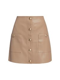 "Find L'AGENCE Truman Faux Leather Miniskirt on Editorialist. The Truman miniskirt from L'AGENCE features an A-line silhouette crafted of faux leather. Patch pockets and goldtone button details finish the look. Side patch pockets Snap-front closure Concealed back-zip closure 50% polyurethane/50% polyester Dry clean Imported SIZE & FIT About 16\" long Model measurements: 5'10\" tall Model is wearing a US size 4 ABOUT THE BRAND Founded in 2008, L'Agence marries Southern California ease with chic P