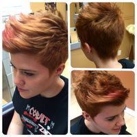 I did this cut for Rae, she has short back and sides with a longer middle faux hawk look. Can be worn up in the front, to either side or flatter, very versatile for a short cut!