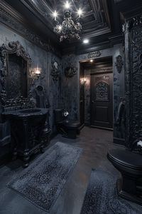 Gothic Black Splendor black bathroom decor draws on gothic architecture, pairing intricate designs with rich textures for an opulent, mysterious bathroom environment. Click or tap to explore more Gothic Black Splendor Black Bathroom Decor.