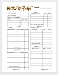 50/30/20 monthly budget worksheet.  In three size's standard letter, classic hp, and mini hp. Can also be used digitally with the GoodNotes app. Print it out as many times as you like. Comes in different colors so choose your favorite or use all of them!