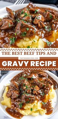 You are going to love this beef tips and gravy recipe. It’s so easy to make, yet tastes heavenly. If I can give you one piece of advice to ensure this beef tip recipe comes out amazing is: buy good quality meat. You can use chuck roast, top and bottom round, tips, or steak. Stewing beef can be tough and requires a good amount of cooking time to tenderize, so be patient and the results will be great!