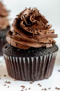 Chocolate cupcake with frosting on top.