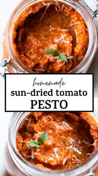 Homemade SUN-DRIED TOMATO PESTO made with cashews, sun-dried tomatoes and fresh basil. It's a delicious condiment that pairs perfectly with pasta or pizza and requires just 6 ingredients #pesto #sundriedtomato #sundriedtomatopesto