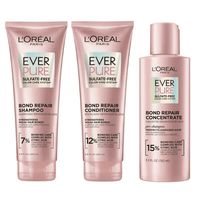 L'Oreal Paris EverPure Bond Repair hair care system with citric acid repairs and strengthens color treated, damaged, and fragile hair while leaving hair soft. Prior to shampoo, prep with Bond Repair Pre-Shampoo Concentrate to further penetrate inside the hair cortex to rebuild weak bonds. Scientifically proven to strengthen hair and reduce breakage. Leading prestige routine based on NPD full year data. 100% Sulfate Free Shampoo and Conditioner, Paraben Free, No Harsh Salts, No Harsh Surfactants,