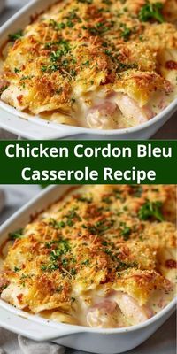 Easy Chicken Cordon Bleu Casserole with chicken, ham, and cheese. Perfect for quick family meals and gatherings.