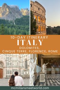 This detailed 10-day Italy itinerary includes time in the Dolomites, Cinque Terre, Florence, and Rome.  Discover where to stay, the best things to do, and other helpful tips in our Italy travel guide below.  italy travel, 10 days in italy, things to do in italy, european summer, Florence, Rome, the dolomites, cinque terre, 10 days in italy itinerary, italy travel destinations, italy travel itinerary