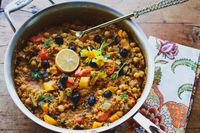 Moroccan Chickpea Freekeh Eggplant Skillet - Sharon Palmer, The Plant Powered Dietitian