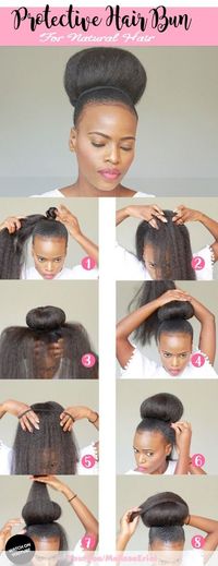 natural hair bun for black women tutorial styles with headband for short hair high with weave that is sleep and messy using jumbo hair braid. Click here for more