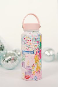 Swiftie inspired bottle featuring original illustrations! 32 ounce triple insulated bottle with wide mouth opening and lid handle. Made in the USA. Weight 1.25 lb.