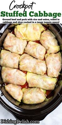 Crockpot Cabbage Rolls are the perfect comfort food, made with ground beef and pork mixed with rice, onion, and spices rolled in cabbage leaves and slow cooked in a tangy tomato sauce!