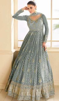 Jacquard Sequins Embroidery Work Party Wear Gown In Gray - 9850189977