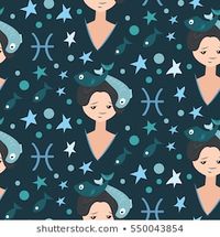 Zodiac signs Pisces. Vector illustration of cute girl. Pattern with girl face, sign and star