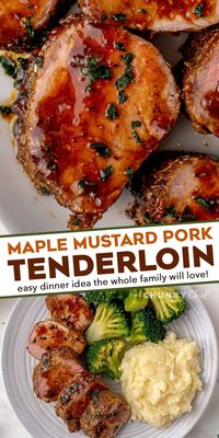 This juicy and tender Maple Mustard Pork Tenderloin is crusted in a dry rub, seared in a skillet until golden brown, then roasted in a mouthwatering maple mustard sauce until glazed and perfectly cooked! Pork tenderloin is a fabulous weeknight dinner idea, and you'll want to put that maple mustard sauce on everything in sight! #pork #tenderloin #bakedpork #dinnerrecipe