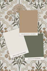 Elevate your space with our Nature-Inspired Tranquility palette. Featuring Benjamin Moore's AF-125 Morrel, BEHR's UL200-11 Polished, and BEHR's 2X-37 Sugarpine for a cohesive, earth-toned look that's both calming and chic. Perfect for crafting a soothing sanctuary at home. #ColorPalette #EarthyTones #HomeStyle #PeacefulInteriors