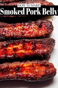 Smoked Pork Belly is the only thing better than bacon! Seasoned with an easy dry rub, the pork is cooked low and slow until it’s tender, juicy, and melts in your mouth. // slices // burnt ends // smoker // recipes // crispy // bites