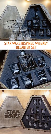 Awesome Star Wars inspired whiskey decanter set in a box. Great for Father's Day gift, housewarming gift, wedding gift, groomsmen gift, birthday gift, and more. #ad #starwars #whiskey #glass #decanter #set #giftideas #giftforhim #fathersdaygift #groomsmengift #housewarminggift #personalized #laserengraved