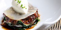 Oxtail and celeriac 'lasagne' with baby spinach and horseradish cream