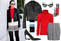 Red Turtleneck black and white mini with black tights and moto jacket #refinery29