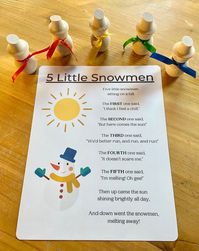 Help your little one boost their early reading and listening comprehension skills as well as retelling abilities with this laminated copy of the classic poem, "Five Little Snowmen" and five little wooden snowmen adorned with rainbow ribbons! This poem helps support rhyming, rhythm, and reading dialogue with expression. Your little one can learn to recite the poem by themselves, act it out as they listen, or retell the poem on their own using the five little snowmen as props! Set contains:     *l