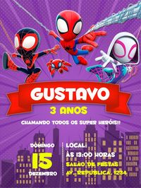 Clique agora mesmo no link para editar o seu convite de aniversário virtual do Spidey e seus amigos espetaculares e enviar para todos os seus convidados e amigos pelo whatsapp.