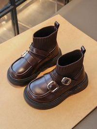 Girls Shoes 2024 Autumn/Winter New Children  Boots English Style Big Kids Socks Boots Toddler Mid-Calf Boots Baby Tube Boots Brown Fashionable    Plain    Kids Shoes, size features are:Bust: ,Length: ,Sleeve Length: