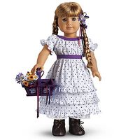 Kirsten's Midsummer Outfit was introduced to Kirsten's Collection in 2004 and retired in 2006. Retail cost was $24. 1 Dress 2 Bouquet 3 Basket 4 Hair Clip 5 Trading Cards White short sleeved dress. Print is white with purple polka dots. Ruffled, tiered hem. Puffed sleeves with ruffles. Purple trim on boatneck collar and waistband. Cloth bouquet of daisies and wildflowers. Attached purple and pink ribbons. Purple wooden basket. Blue, yellow, green and red floral graphic decals on sides. Cloth ...