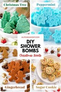 Learn how to make DIY shower bombs with essential oils! Not just for Christmas, these easy shower bomb recipes can be enjoyed year round for a dose of shower aromatherapy. You'll discover 4 varieties with holiday essential oil blends. Includes peppermint shower steamers for colds, gingerbread wake up shower melts, sugar cookie relaxing shower bombs, and Christmas tree shower tablets for cough and congestion.