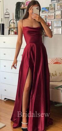 A-line Simple Spaghetti Straps Burgundy Women Satin Formal Evening Long Prom Dresses PD554