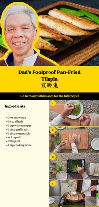 Looking for a quick and delicious Asian-inspired dish? Try our Easy Pan-Fried Tilapia, ready in just 15 minutes! This authentic recipe comes straight from my dad's 50+ years of experience as a Chinese chef, showcasing his secrets to perfect cooking. With snow peas, white pepper, garlic salt, and tilapia, you'll be pan-frying in no time. Save this pin and click to get the full step-by-step guide on our blog!