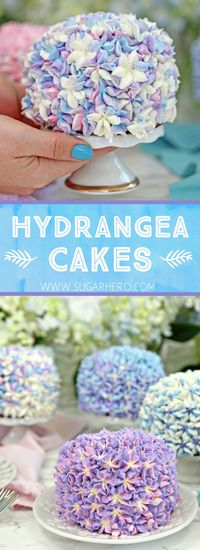 Hydrangea Cakes - gorgeous mini cakes that look like hydrangeas! Perfect for spring parties or showers | From SugarHero.com