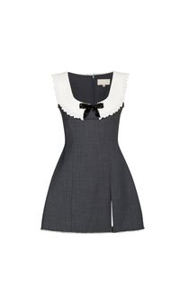 Add a touch of fun and playfulness to your wardrobe with our Grey Frilled Neck Dress. Featuring a unique frilled neck design, this dress is perfect for any occasion. Stay stylish and confident with this quirky and fashionable piece. Ash grey Round neck with white frill detailing Black bow with bead embroidery Side slit