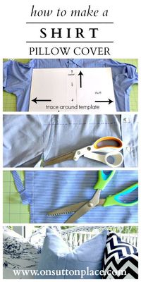 Step by step instructions to repurpose a men's shirt into a button pillow cover.