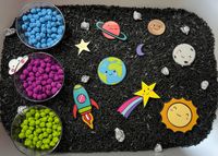 Outer Space Sensory Bin Filler Our sensory bin fillers are unique, fun, and encourage independent and imaginative play. Sensory bins are also educational tools that develop motor skills, imagination, teamwork, and emotional regulation. Sensory bins can also be used as a calming activity and supplemental resources can always be used for additional learning. For example, age appropriate themed books, colouring pages, play figures and many more items can be used in conjunction with these fillers to