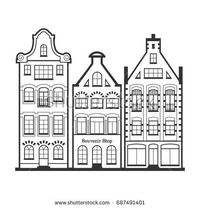 Set of 3 Amsterdam old houses facades. Traditional architecture of Netherlands. Line style black and white flat isolated illustrations in the Dutch style. For coloring, design, background.