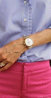 Classic-Preppy-Fashion-Over-40-Striped-Blue-Shirt-Michele-CSX-Gold-Watch