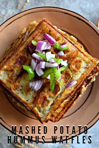 This is a hearty breakfast recipe! Savory waffles made with hummus flavored mashed potatoes are crispy and delicious. Mornings just got better with this! #vegan #waffles #mashedpotato #hummus #dairyfree #noeggs #wafflemix #wafflemaker #breakfast #snacks #brunch #easy