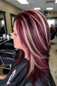 From bold styles like the burgundy hair with blonde highlights you see here to soft caramel highlights on dark brown bases, blonde streaks are the perfect way to brighten up your hair. Click through for 40+ gorgeous blonde highlights ideas or save this pin for later!