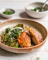 Crispy Chicken with Blistered Courgettes and Herby Green Sauce