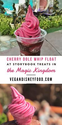 Cherry Dole Whip has reappeared at Storybook Treats in the Magic Kingdom. Available as a Coke float or by itself- and the Cherry Dole Whip is vegan! via @vegandisneyfood