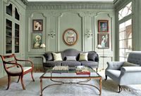 Traditional Green Living Room with Charcoal Gray Sofa