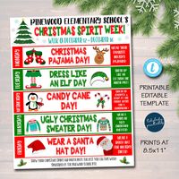 "This cute and fun daily/weekly Christmas spirit week itinerary calendar is a great way for kids to show their positive holiday cheer during the Christmas season! You can print and send home with families and/or upload digitally to send out to families/students. WANT THE WINTER/HOLIDAY VERSION? FIND IT HERE: https://www.etsy.com/listing/1127110318/winter-school-spirit-week-itinerary?click_key=d60f4718cdcf943326a45e3e430a4f5cf27d1ad0%3A1127110318&click_sum=3d9c9c42&ref=shop_home_active_1