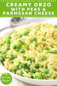 This creamy, cheesy orzo with peas and parmesan is an easy and delicious all-in-one side dish that goes with just about anything. It's especially good when fresh spring peas are in season, but frozen peas work too (so you can enjoy it any time of the year). Get the recipe and try it!