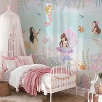 Cartoon Mermaid Design. Soft-Toned Colour Palette. Non-Woven Mural. Large-Scale in Size. Easy Application Process Dive into a world of whimsy with our Mermaid Friends Wall Mural. The beautiful cartoon mermaids in soft-toned hues create a dreamy atmosphere, perfect for your child's room. This luxurious non-woven mural, with its large-scale design, offers easy removal of one strip at a time, making application less messy and hassle-free without the need for a pasting table. | Dunelm Mermaid Friend