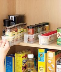 The Perfect Pantry Basket Set saves time by letting you neatly organize what you store in your kitchen. The clear design with small square holes lets you see the contents. Each basket's handle allows for quick retrieval of hard-to-reach items. The