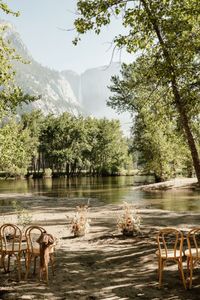 National Park Wedding in Yosemite | Ceremony decorations | Destination Wedding Planner. Ready to tie the knot in a breathtaking location filled with love? Plan the ultimate micro wedding adventure in Yosemite National Park! See elegant woodsy wedding, yosemite wedding ceremony, national park wedding table numbers and yosemite wedding attire. Book us to plan your unforgettable destination wedding at emberandstoneevents.com.