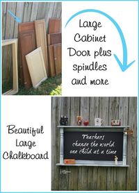 How to make a chalkboard shelf out of an old cabinet door, vintage spindles and scrap wood. Easy weekend project shows you how to use white glue as a crackle medium. #MyRepurposedLife #easy #chalkboard #project