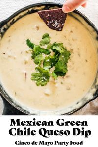 Queso dip is an absolute must at any Mexican gathering and ESPECIALLY on Cinco De Mayo! This easy green chili queso dip is the perfect party food! This easy appetizer recipe is just like mexican restaraunt style queso with a fun and zesty green chili twist!