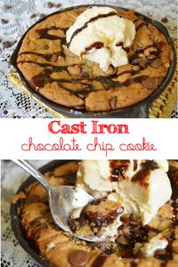 The best cast iron chocolate chip recipe is right here! Top this iron skillet cookie off with some ice cream and you'll have the perfect dessert!